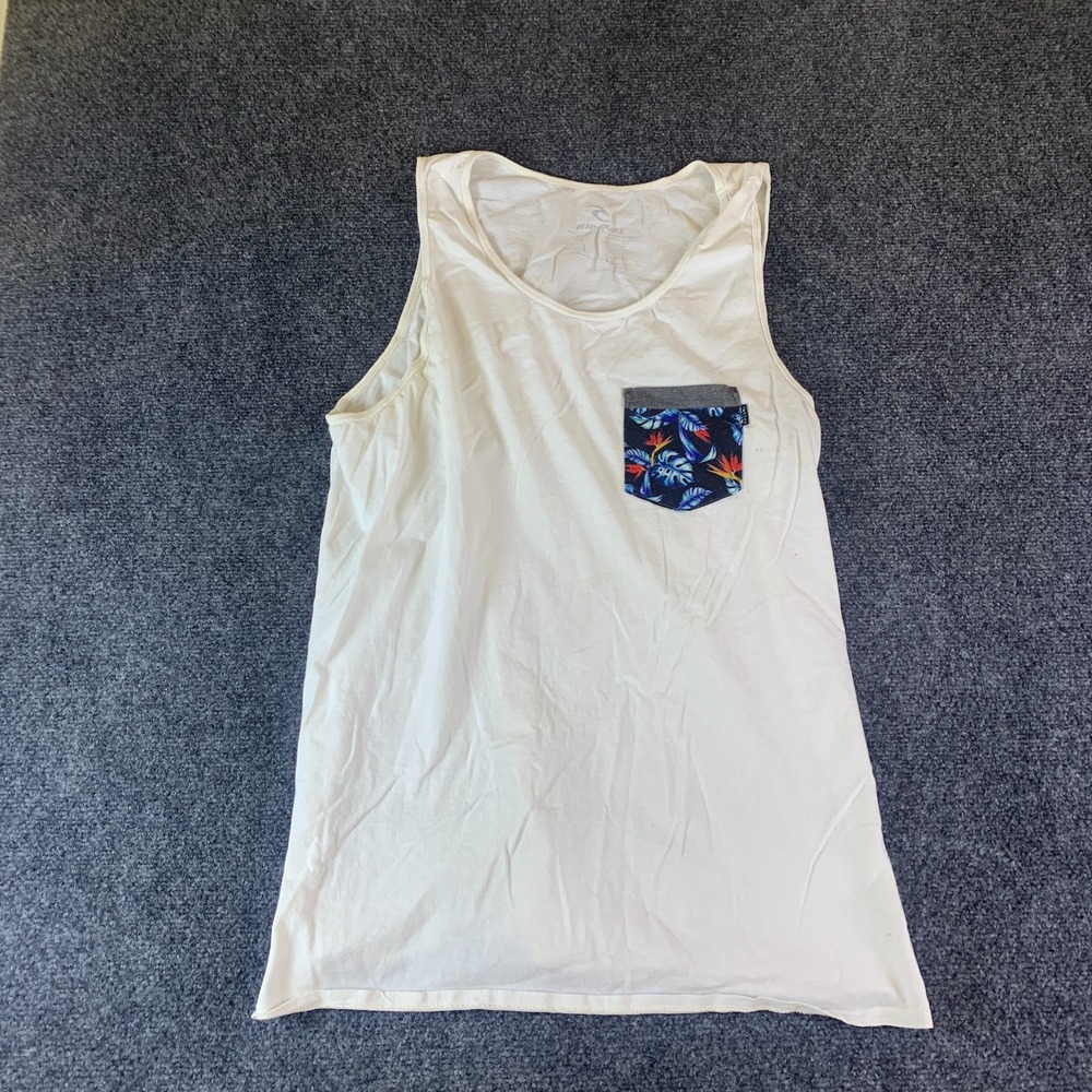 Rip Curl Tank Top Mens Large Cream Good Chest Pocket Tropical Floral Pullover